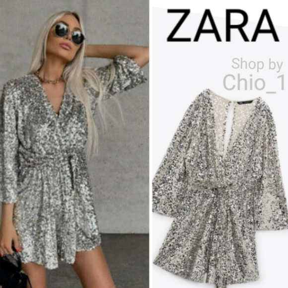 Zara SILVER SEQUIN PLAYSUIT ROMPER JUMPSUIT OVERALL W/ KNOT Bloggers favorite - Picture 1 of 11